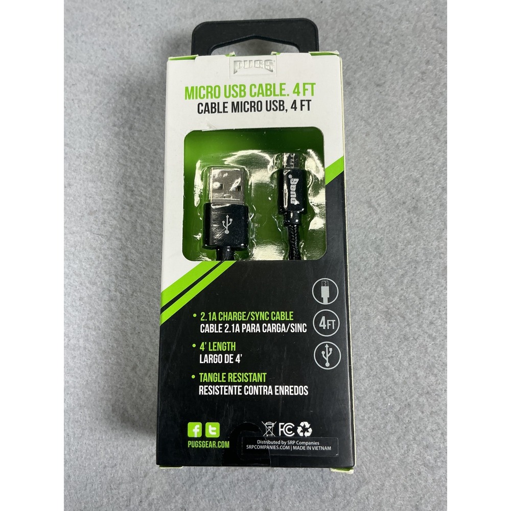 Pugs Gear Micro USB Cable 4 Ft Black Braided 2.1A Charge Sync New